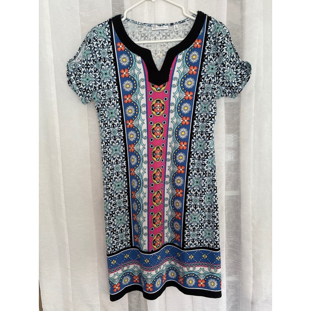 Rafaella Womens Blue Pink Tile Print Cold Shoulder Cotton Shift Dress Size M